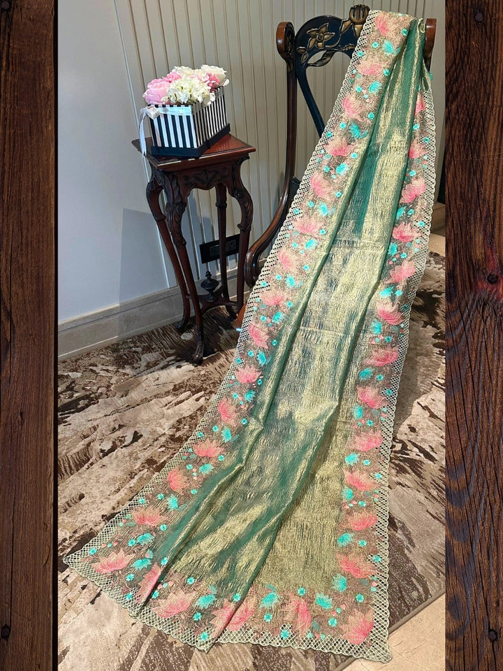 Green Floral Embroidered Tissue Saree