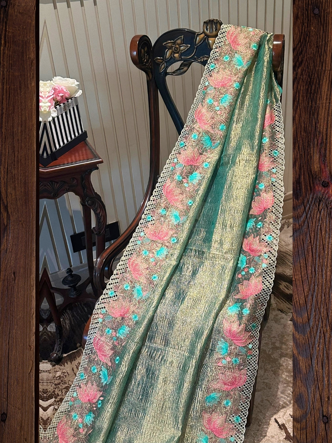 Green Floral Embroidered Tissue Saree