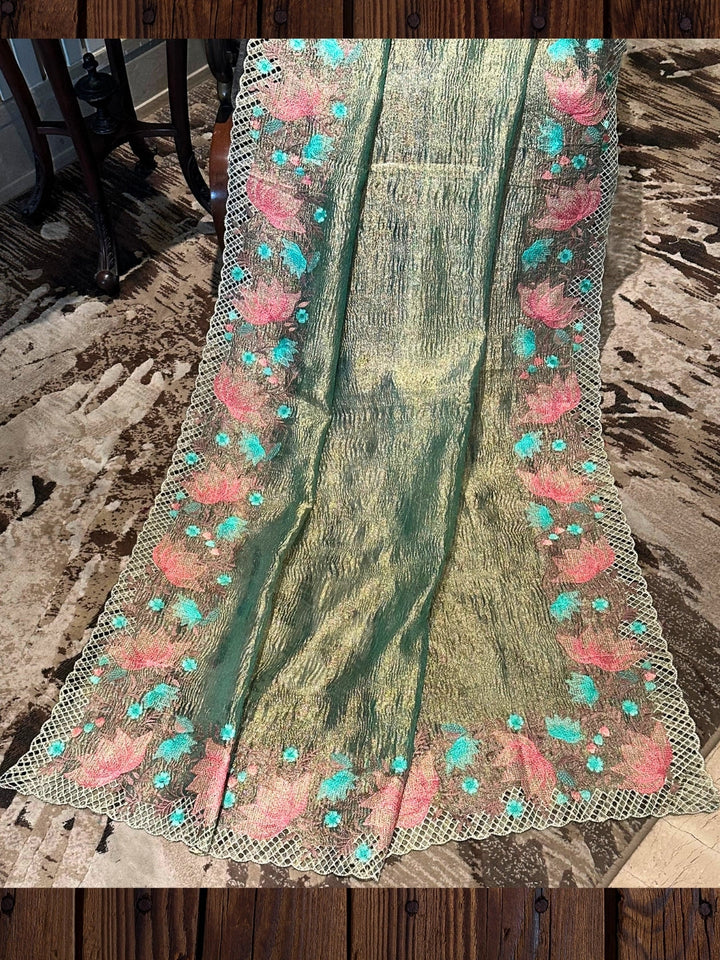 Green Floral Embroidered Tissue Saree