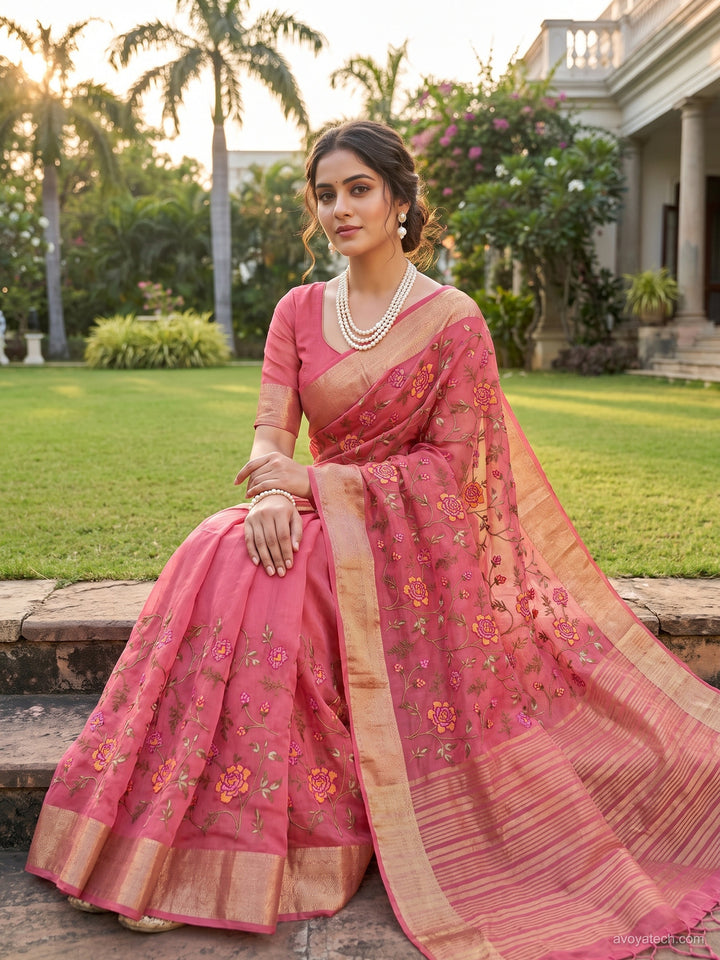 Pink Floral Printed Silk Saree with Zari Border and Multicolor Rose Motif