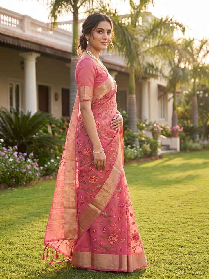 Pink Floral Printed Silk Saree with Zari Border and Multicolor Rose Motif