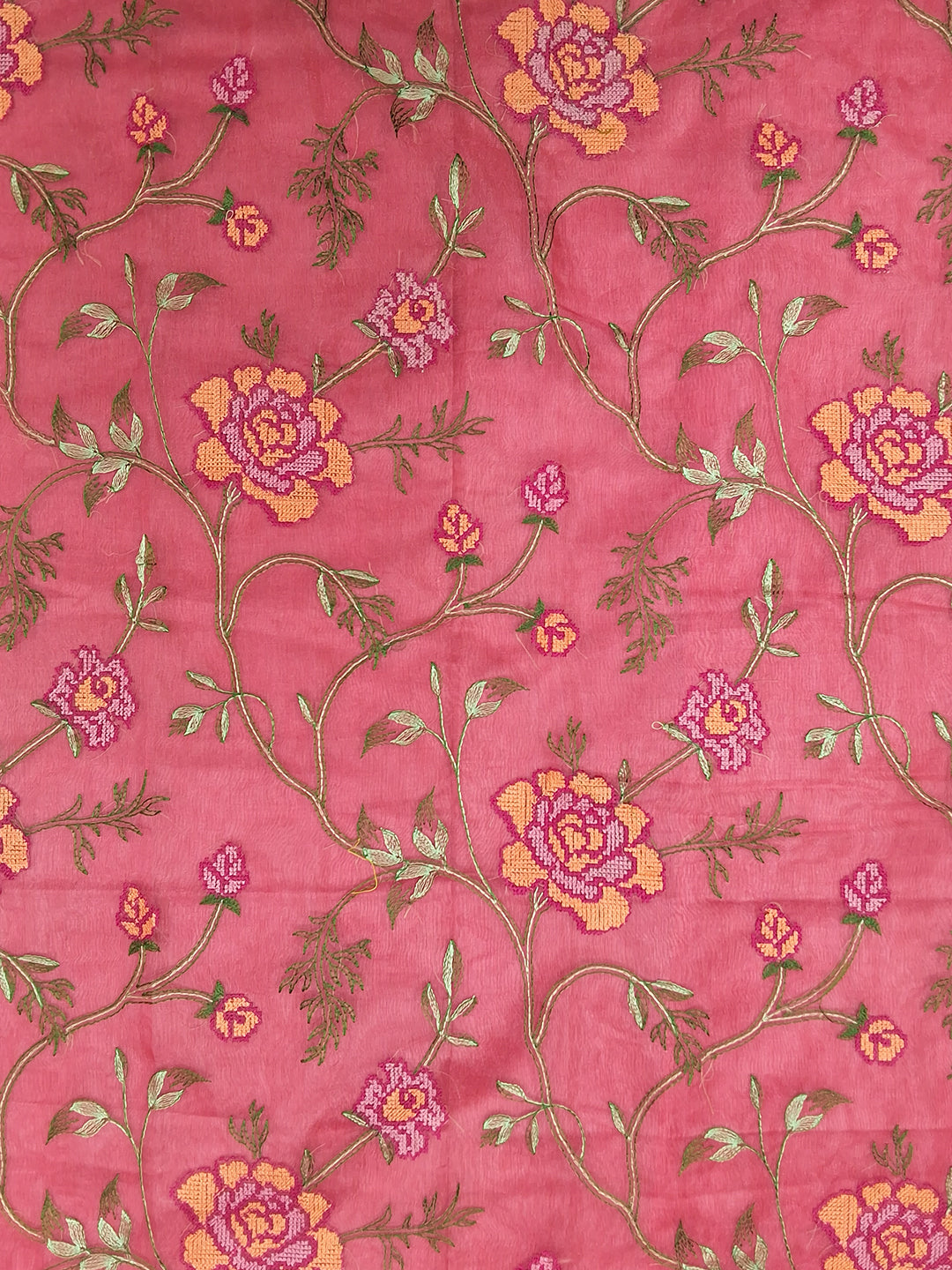 Pink Floral Printed Silk Saree with Zari Border and Multicolor Rose Motif