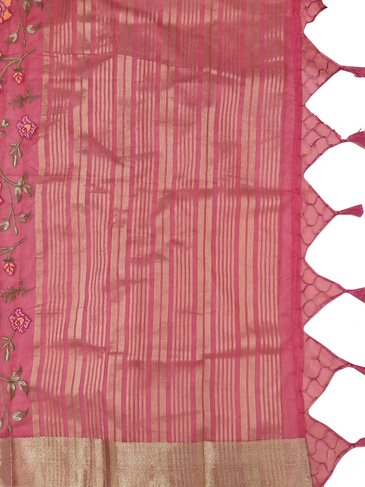 Pink Floral Printed Silk Saree with Zari Border and Multicolor Rose Motif