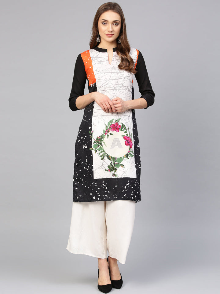 Off White Printed Straight Kurta with Natural Scenery motifs