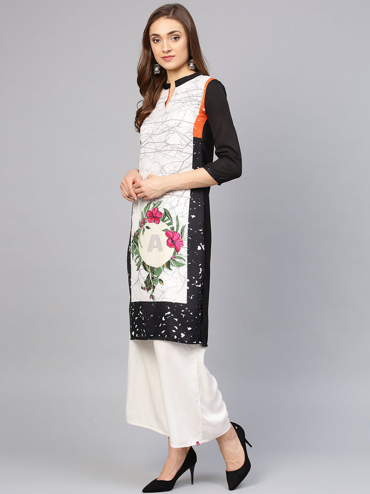 Off White Printed Straight Kurta with Natural Scenery motifs