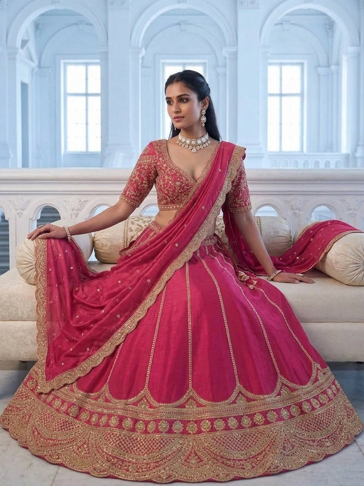 Rani Pink Bridal Silk Lehenga Choli Set with Scalloped Zari Border and Stitched Blouse
