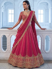 Rani Pink Bridal Silk Lehenga Choli Set with Scalloped Zari Border and Stitched Blouse