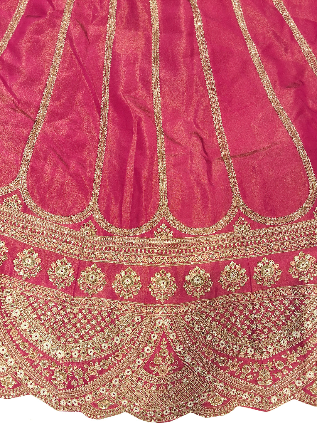 Rani Pink Bridal Silk Lehenga Choli Set with Scalloped Zari Border and Stitched Blouse