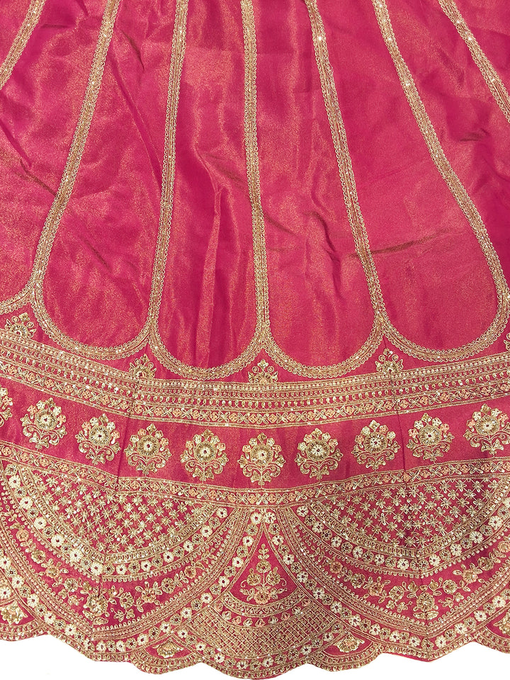 Rani Pink Bridal Silk Lehenga Choli Set with Scalloped Zari Border and Stitched Blouse