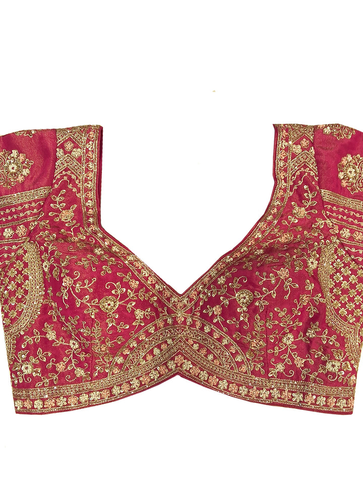 Rani Pink Bridal Silk Lehenga Choli Set with Scalloped Zari Border and Stitched Blouse