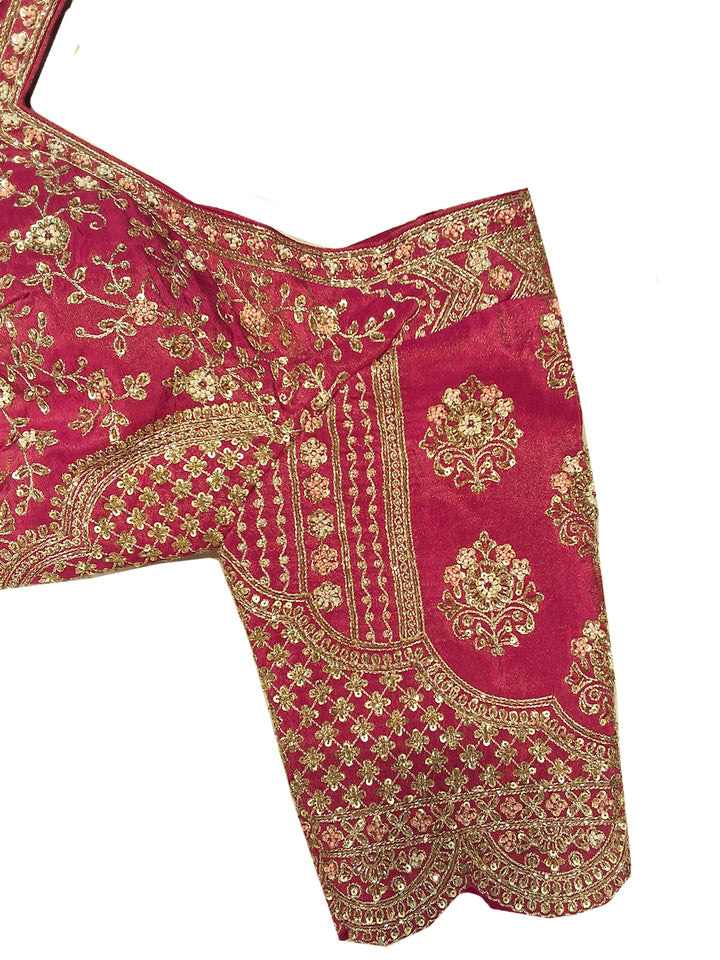 Rani Pink Bridal Silk Lehenga Choli Set with Scalloped Zari Border and Stitched Blouse