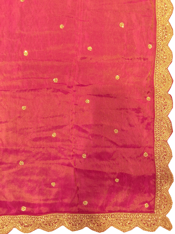 Rani Pink Bridal Silk Lehenga Choli Set with Scalloped Zari Border and Stitched Blouse