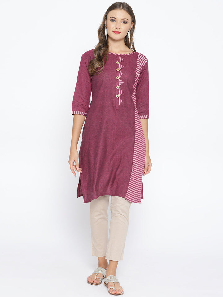 Purple Cotton Straight Kurta with Striped pattern
