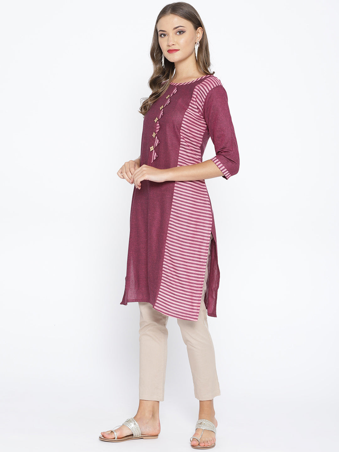 Purple Cotton Straight Kurta with Striped pattern