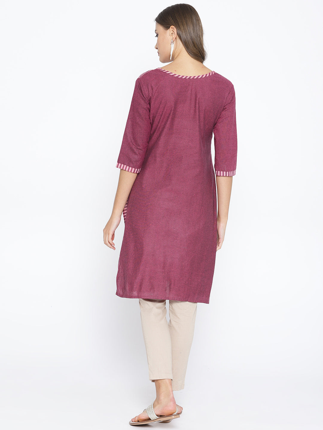 Purple Cotton Straight Kurta with Striped pattern