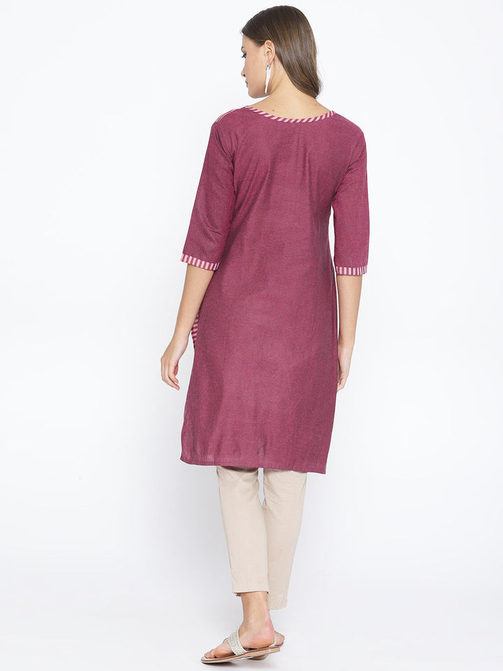 Purple Cotton Straight Kurta with Striped pattern