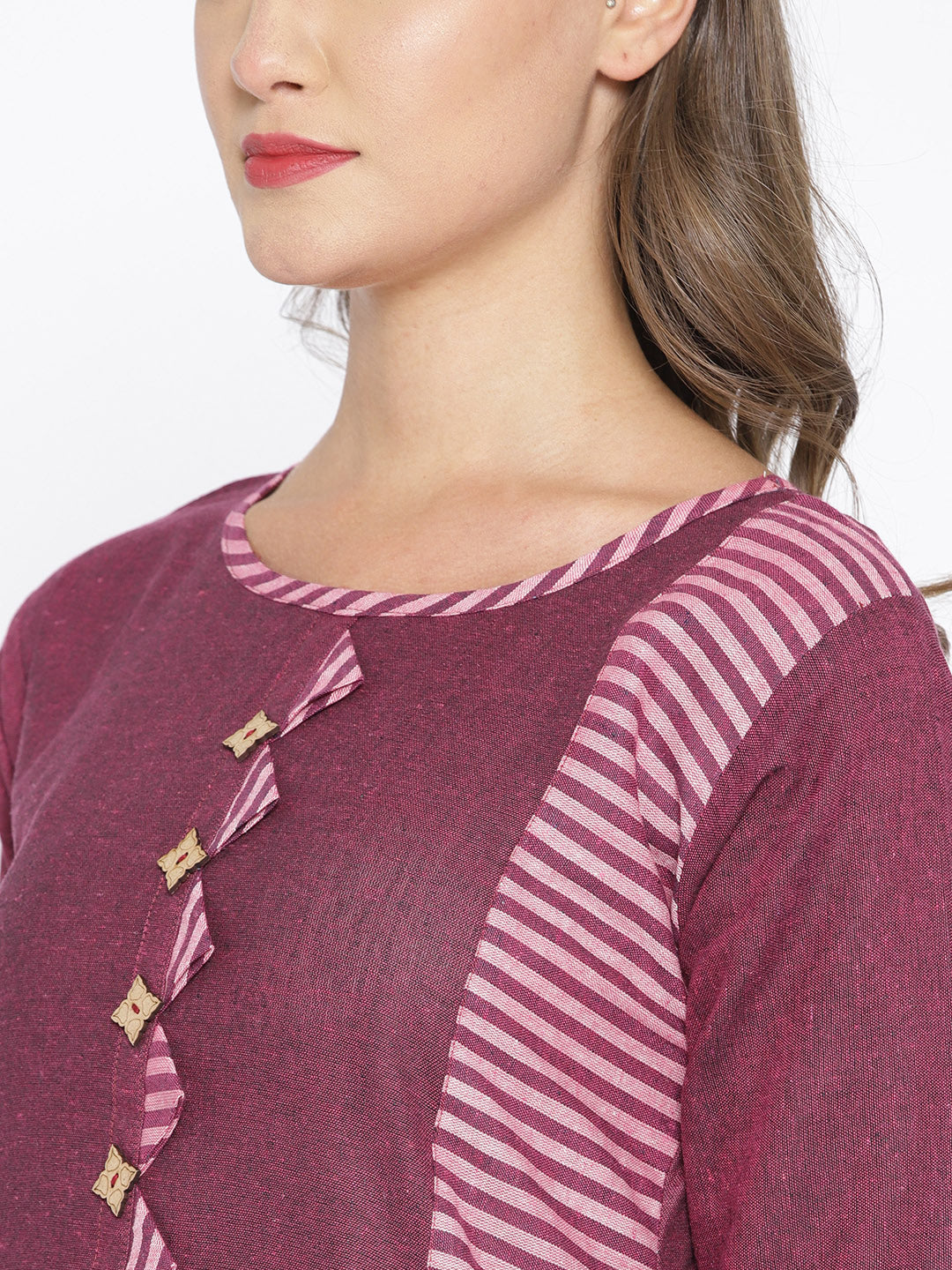 Purple Cotton Straight Kurta with Striped pattern