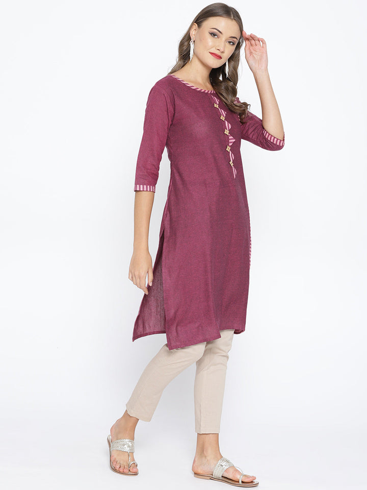 Purple Cotton Straight Kurta with Striped pattern