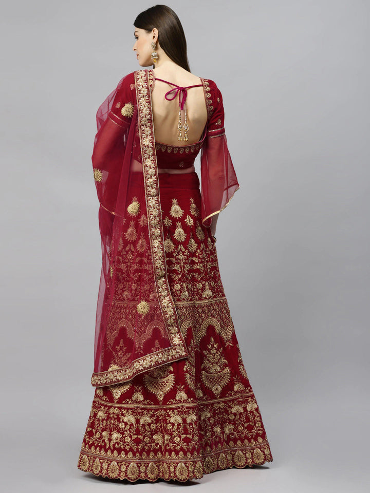 Red Velvet Bridal Semi-Stitched Lehenga Set with Gold Zari & Resham Embroidery