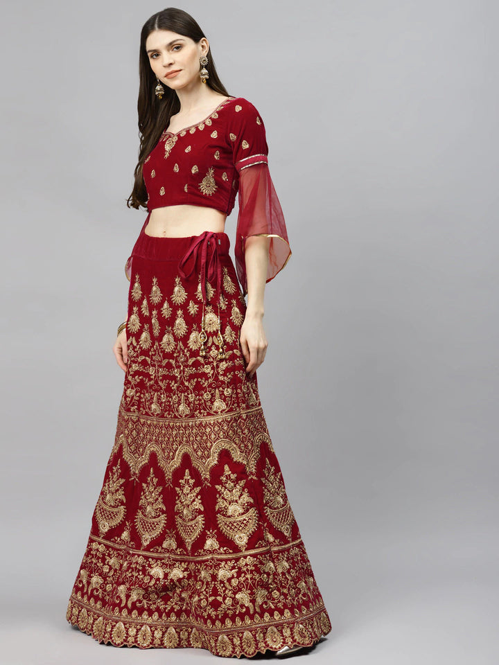 Red Velvet Bridal Semi-Stitched Lehenga Set with Gold Zari & Resham Embroidery