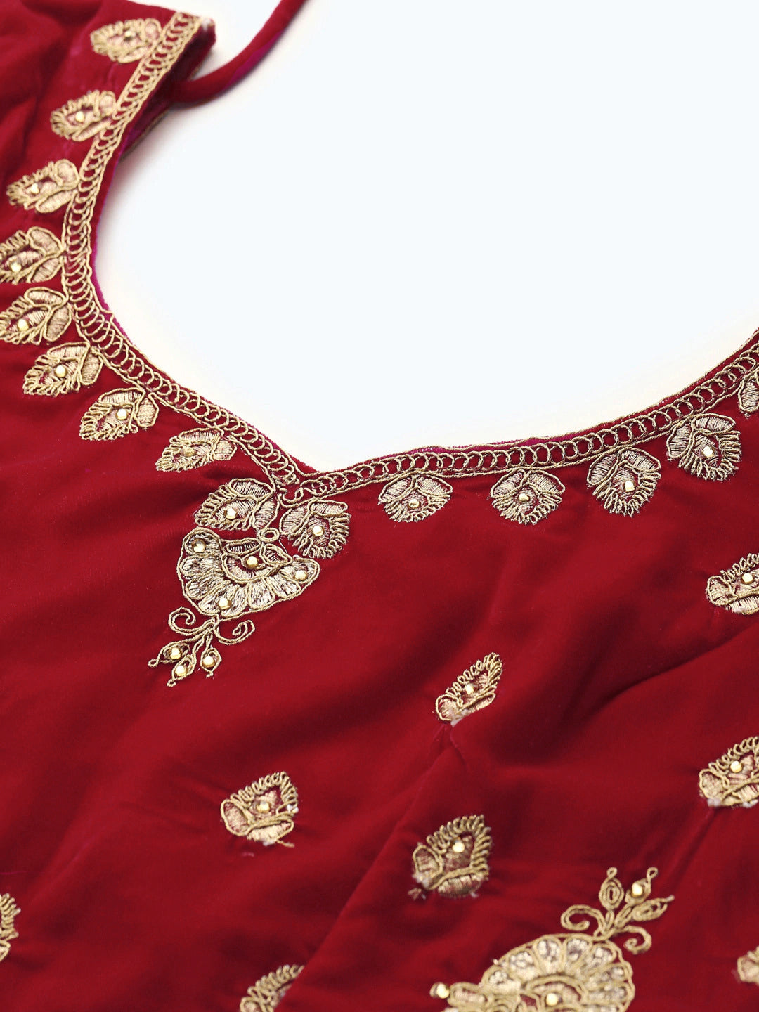 Red Velvet Bridal Semi-Stitched Lehenga Set with Gold Zari & Resham Embroidery