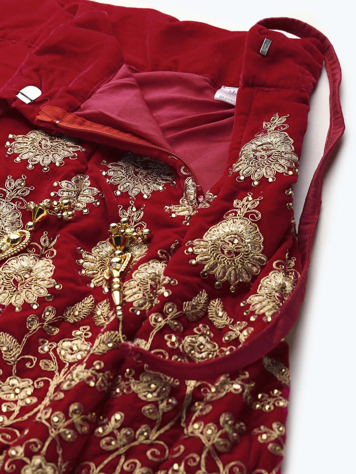 Red Velvet Bridal Semi-Stitched Lehenga Set with Gold Zari & Resham Embroidery