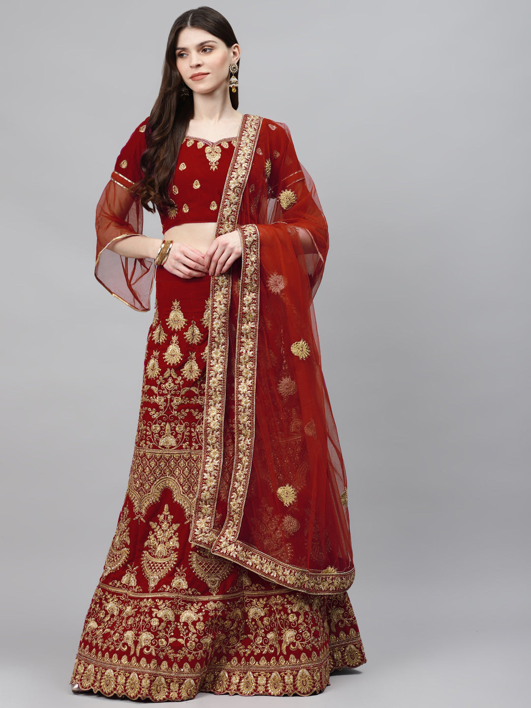Red Velvet Bridal Semi-Stitched Lehenga Set with Gold Zari & Resham Embroidery