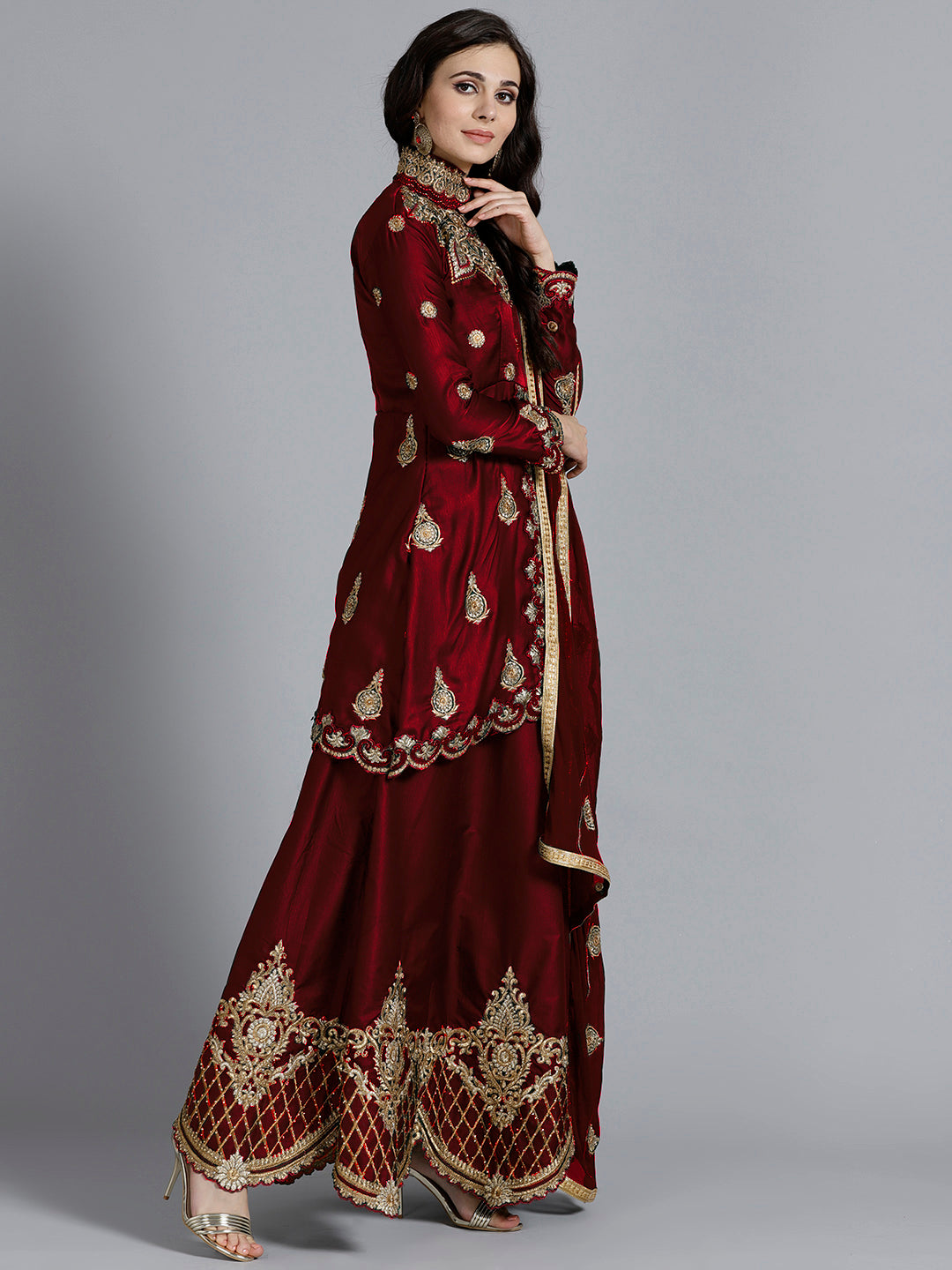 Maroon Silk Made-to-Measure Jacket style Lehanga set With Resham Embroidered cut-work