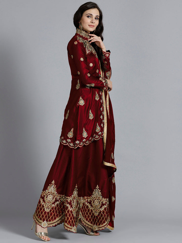 Maroon Silk Made-to-Measure Jacket style Lehanga set With Resham Embroidered cut-work