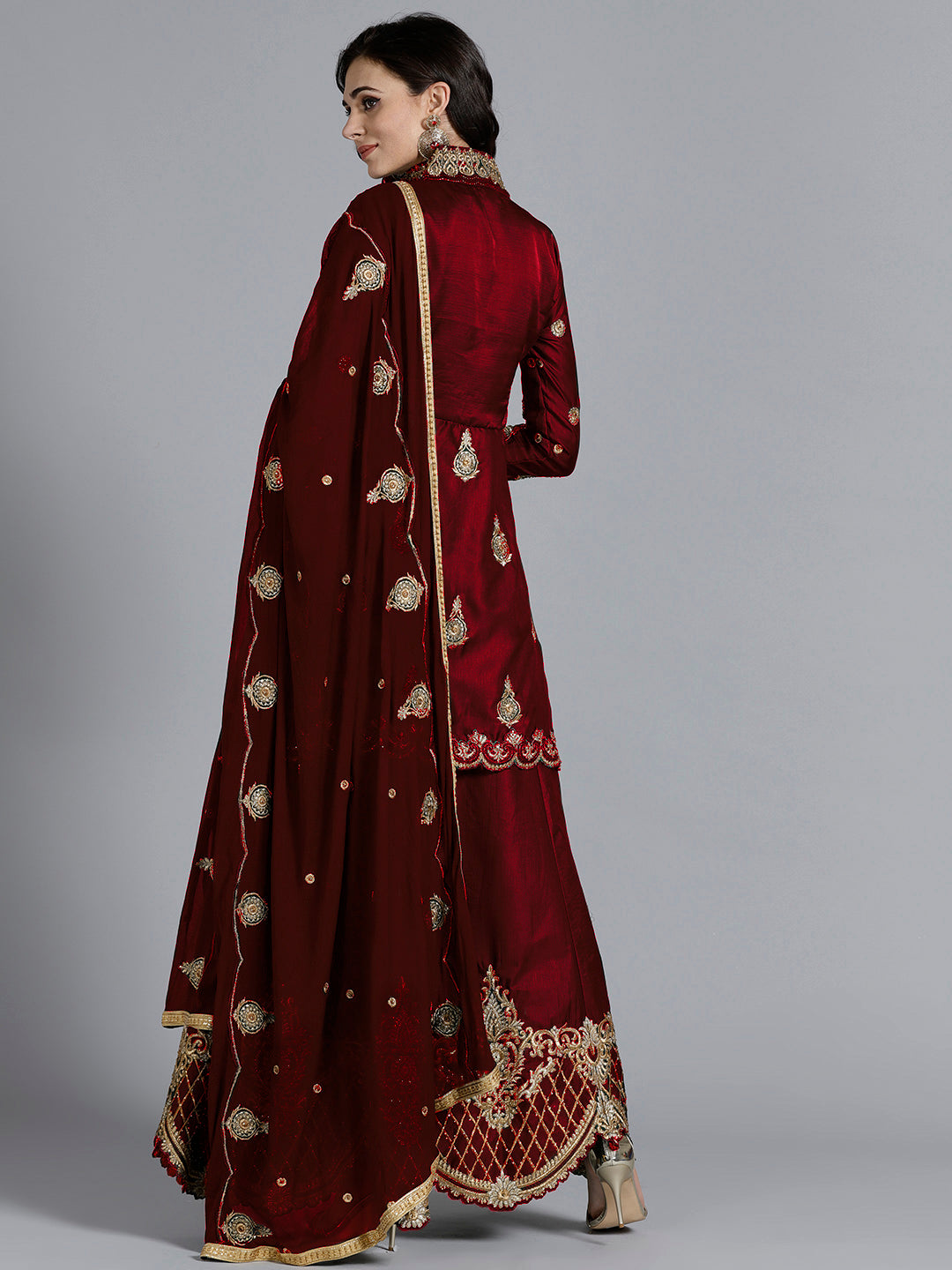 Maroon Silk Made-to-Measure Jacket style Lehanga set With Resham Embroidered cut-work