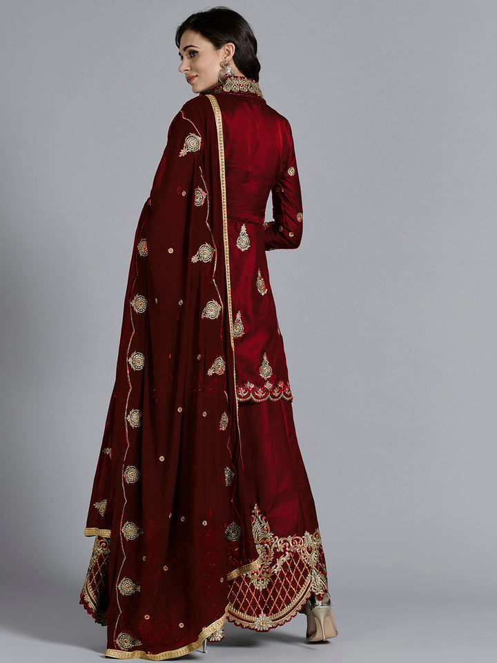 Maroon Silk Made-to-Measure Jacket style Lehanga set With Resham Embroidered cut-work
