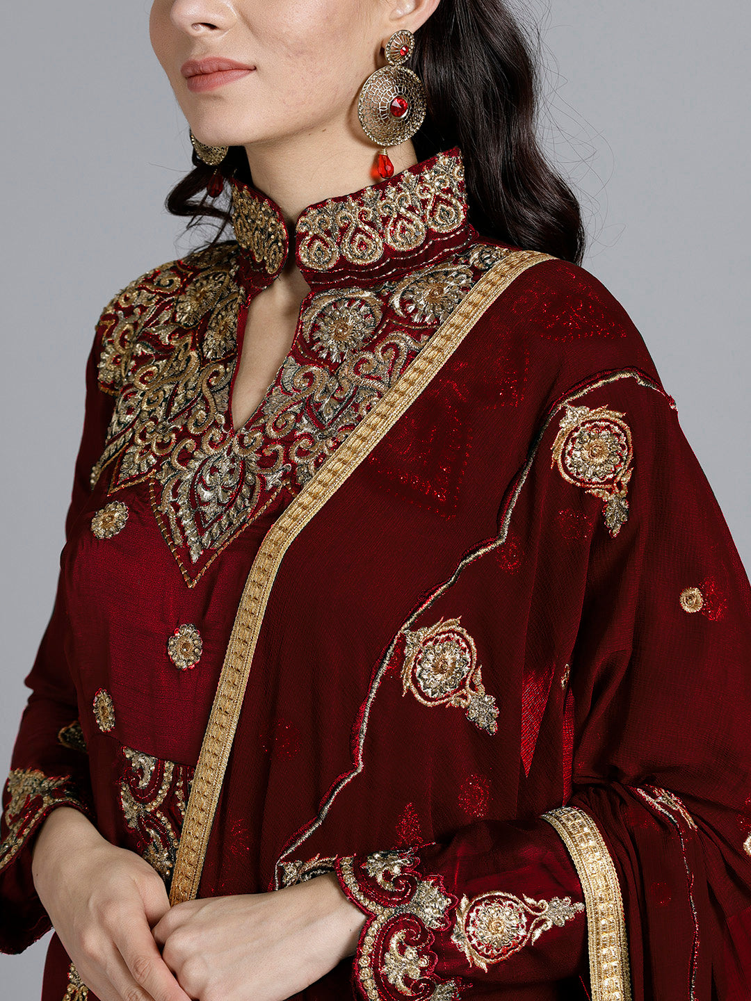 Maroon Silk Made-to-Measure Jacket style Lehanga set With Resham Embroidered cut-work