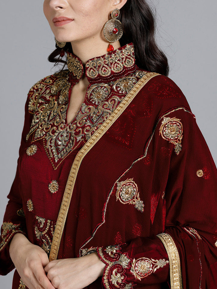 Maroon Silk Made-to-Measure Jacket style Lehanga set With Resham Embroidered cut-work