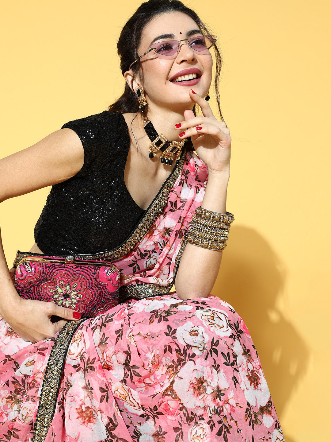Pink Floral Printed Sequin Embellished Saree with Embroidered blouse