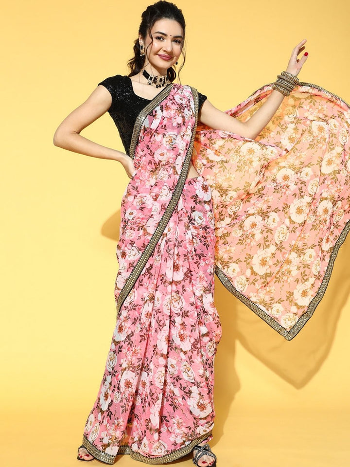 Pink Floral Printed Sequin Embellished Saree with Embroidered blouse