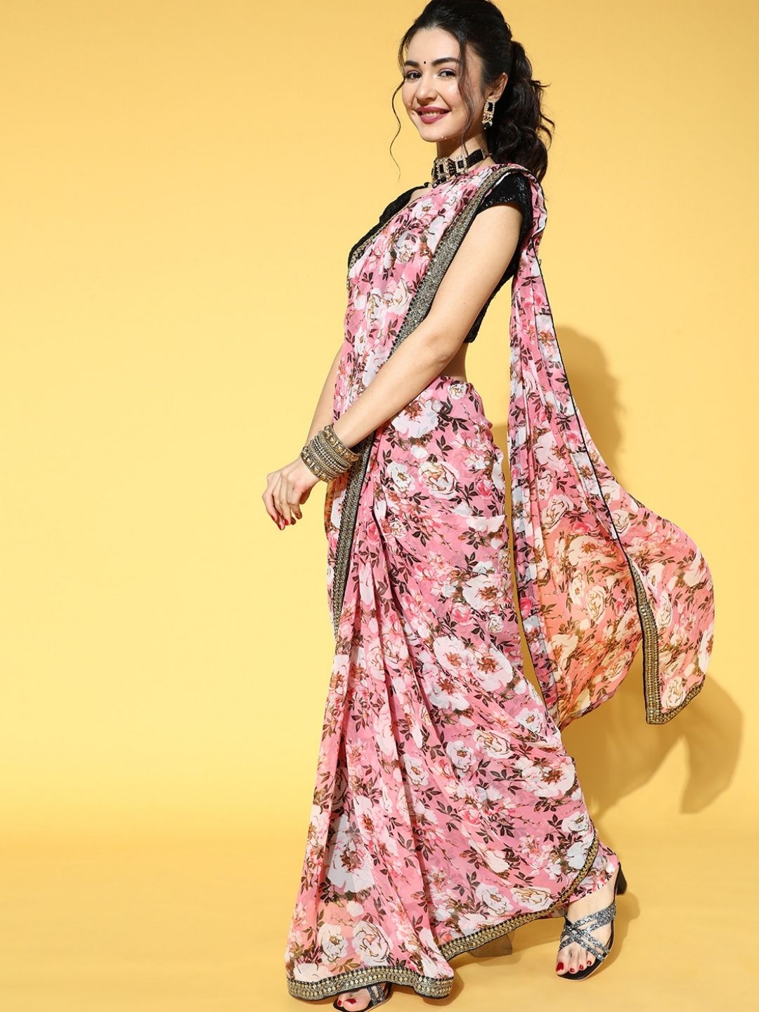 Pink Floral Printed Sequin Embellished Saree with Embroidered blouse