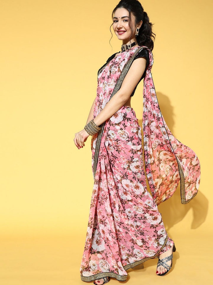 Pink Floral Printed Sequin Embellished Saree with Embroidered blouse