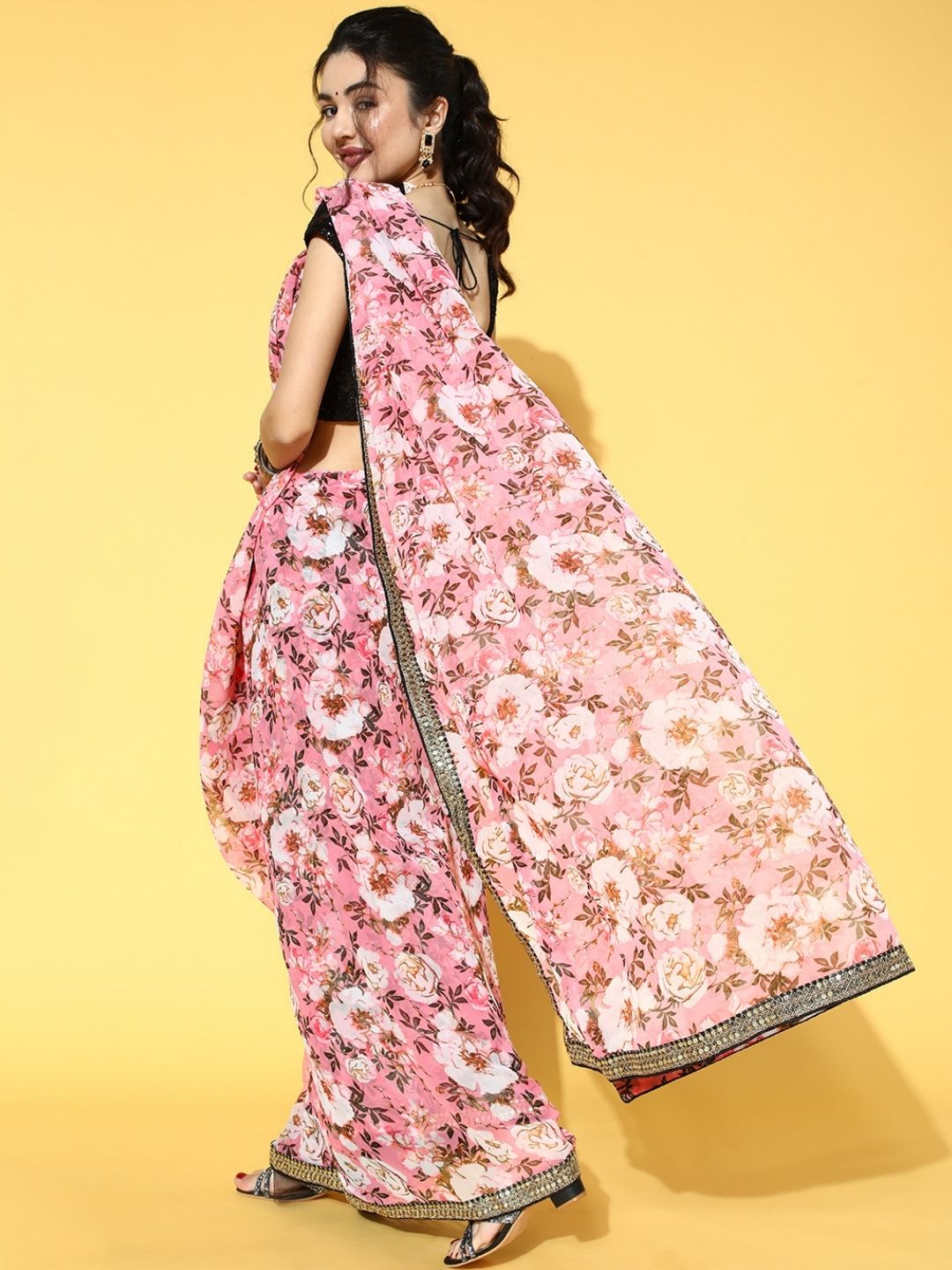 Pink Floral Printed Sequin Embellished Saree with Embroidered blouse