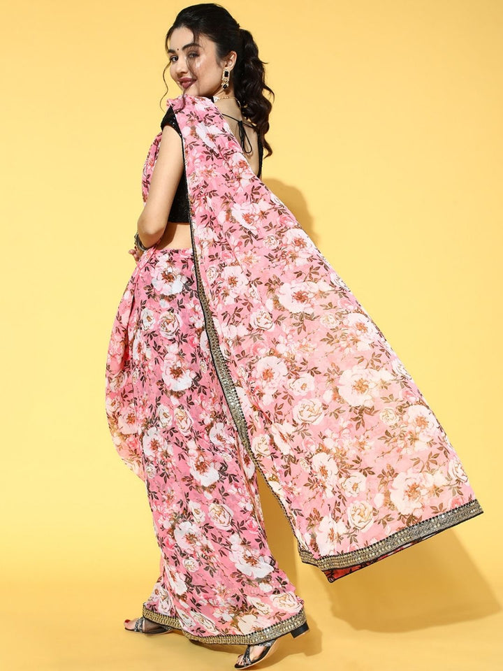 Pink Floral Printed Sequin Embellished Saree with Embroidered blouse