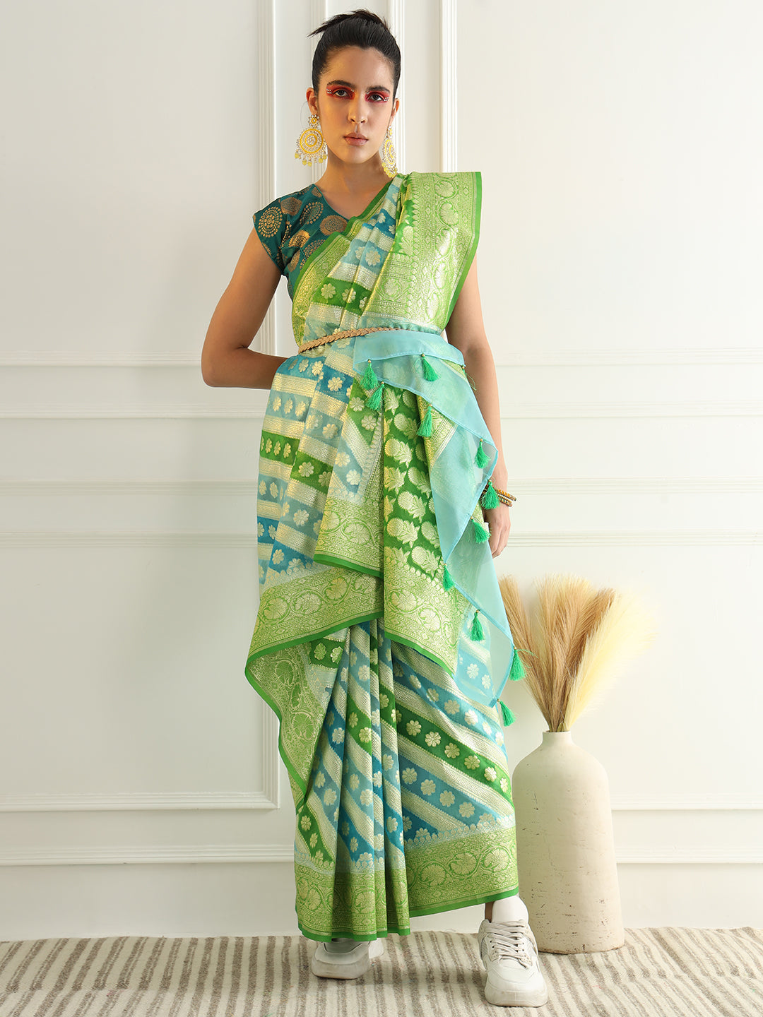 Multicolor Striped Organza Saree with Intricate Floral Zari motifs