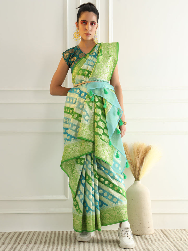 Multicolor Striped Organza Saree with Intricate Floral Zari motifs