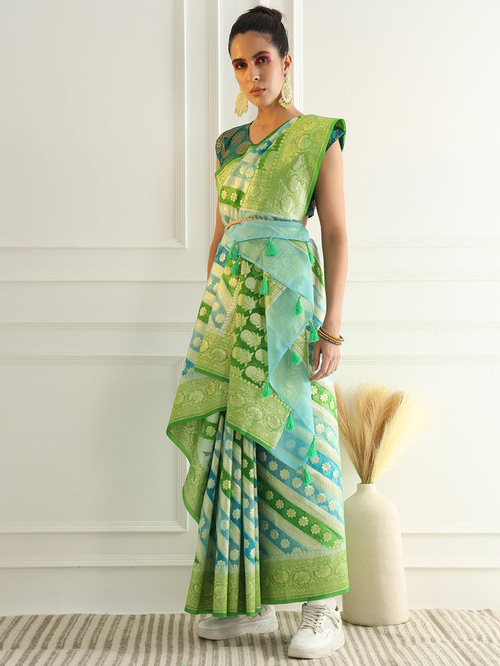 Multicolor Striped Organza Saree with Intricate Floral Zari motifs