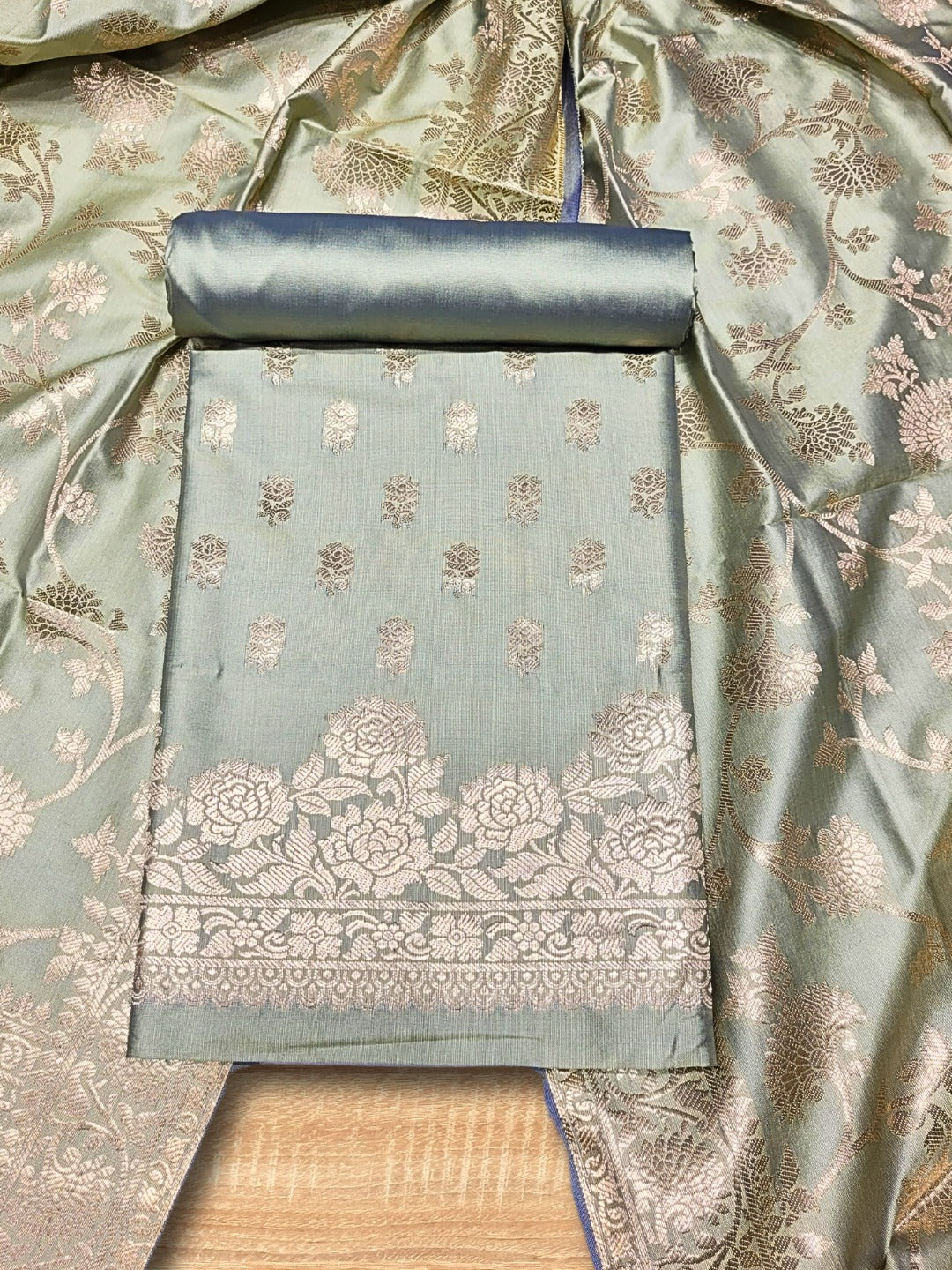 Chhabra 555 Banarasi Satin Silk Dress Material with Floral Rose Zari Weave & Tasseled dupatta 