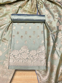 Chhabra 555 Banarasi Satin Silk Dress Material with Floral Rose Zari Weave & Tasseled dupatta 