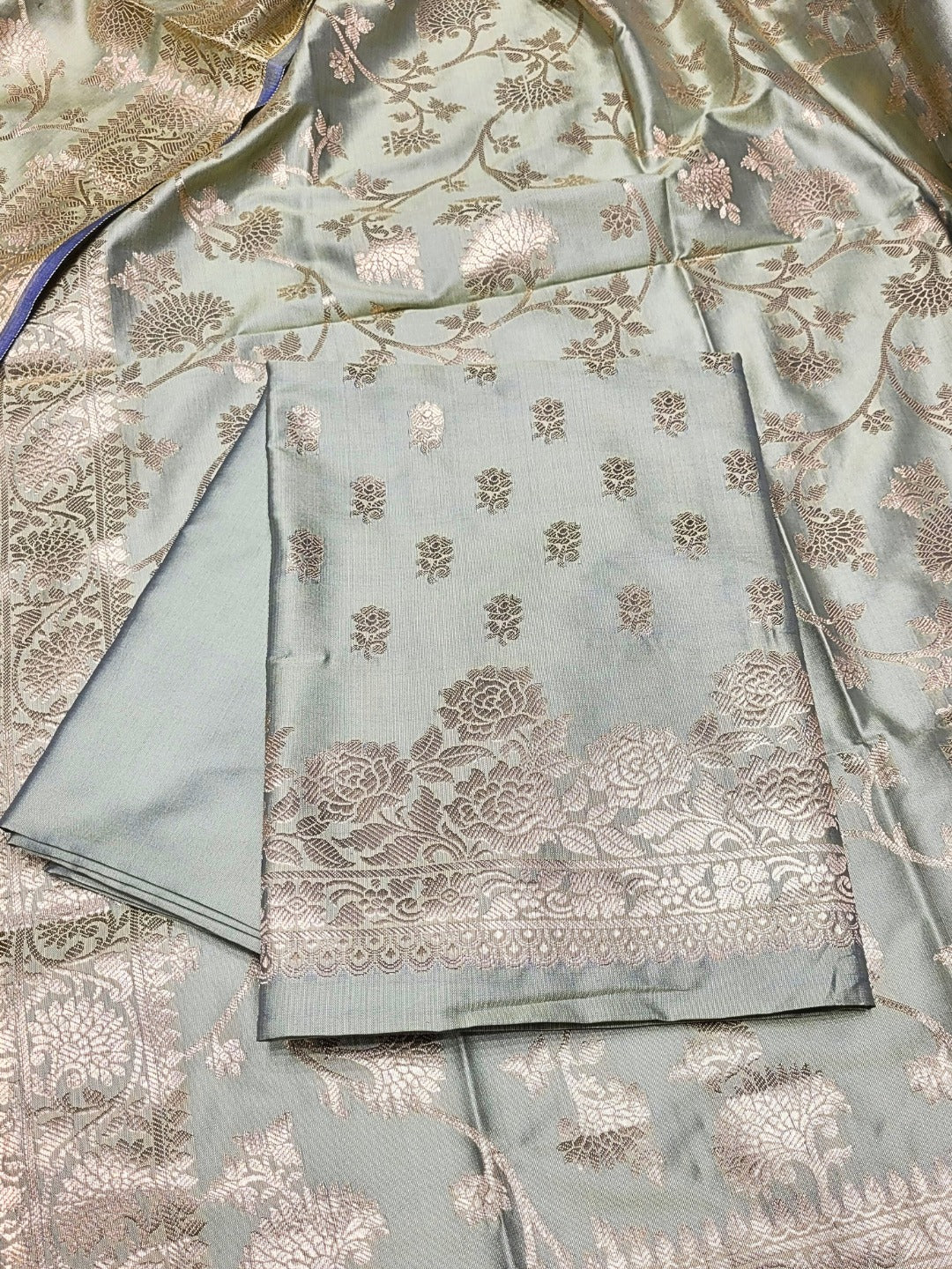 Banarasi Satin Silk Dress Material with Floral Rose Zari Weave & Tasseled dupatta
