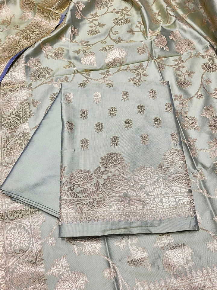 Banarasi Satin Silk Dress Material with Floral Rose Zari Weave & Tasseled dupatta