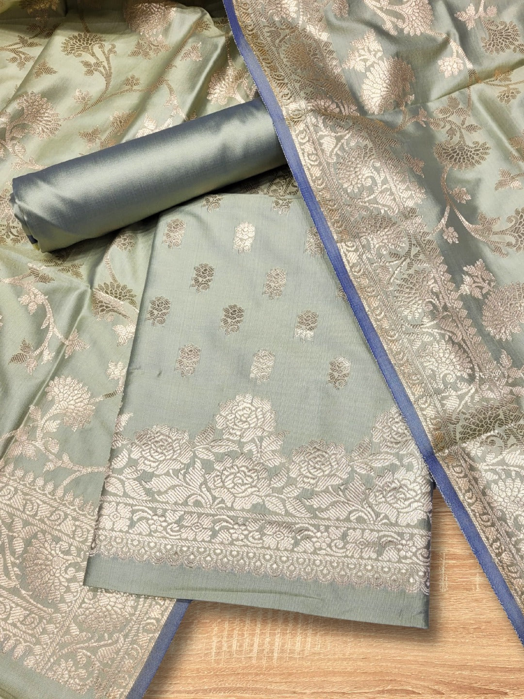 Banarasi Satin Silk Dress Material with Floral Rose Zari Weave & Tasseled dupatta