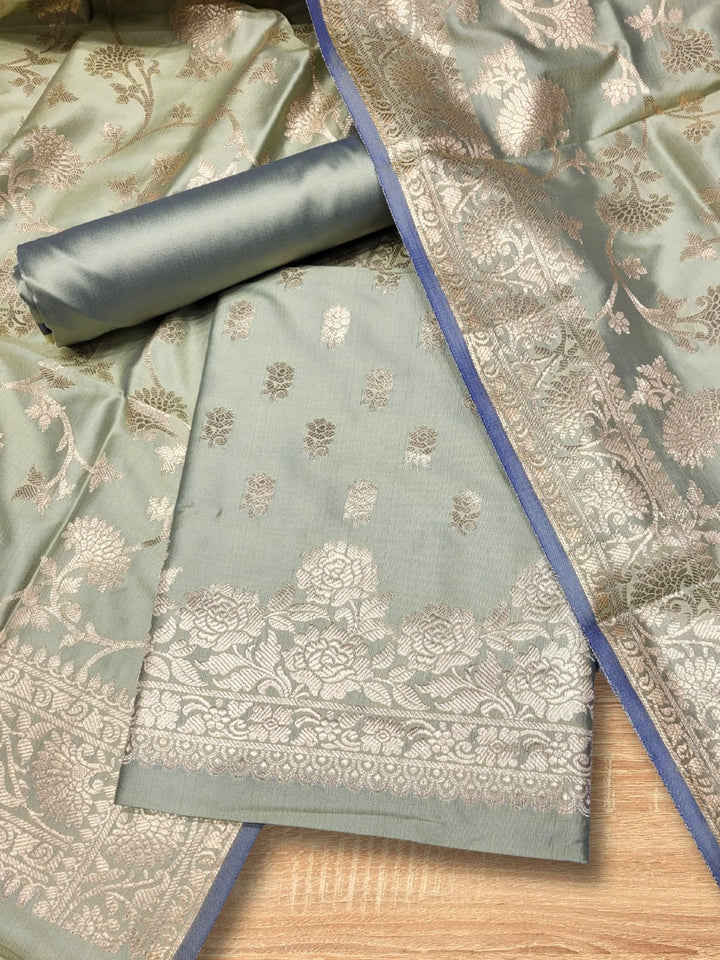Banarasi Satin Silk Dress Material with Floral Rose Zari Weave & Tasseled dupatta