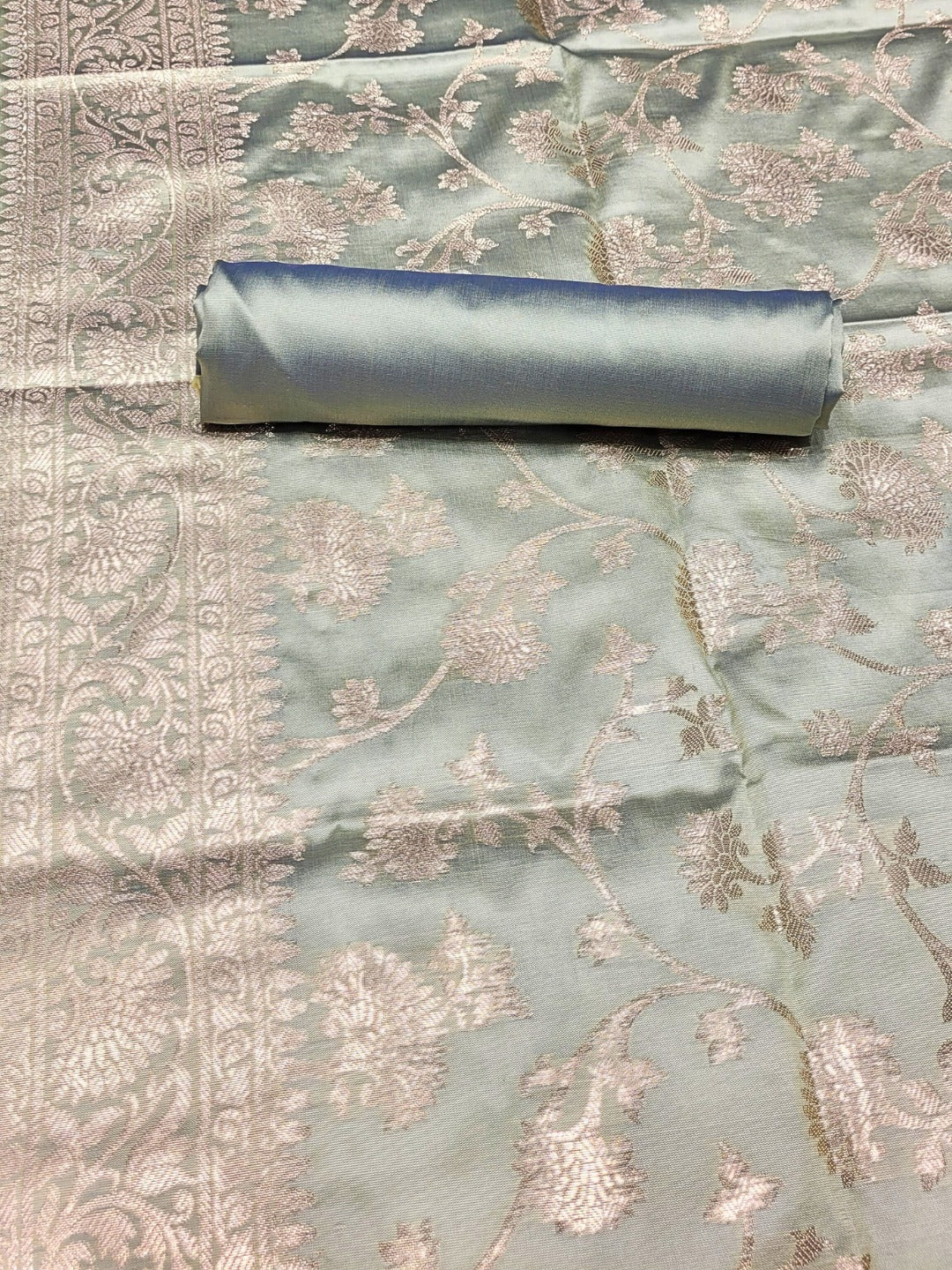 Banarasi Satin Silk Dress Material with Floral Rose Zari Weave & Tasseled dupatta
