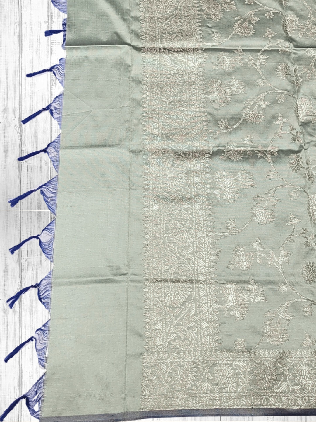 Banarasi Satin Silk Dress Material with Floral Rose Zari Weave & Tasseled dupatta
